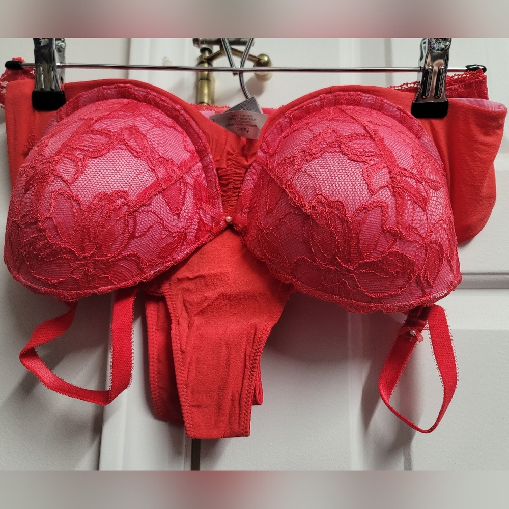 Victoria's Secret Red Balconet Push-Up Bra (36C) w/ Matching Thong Panties